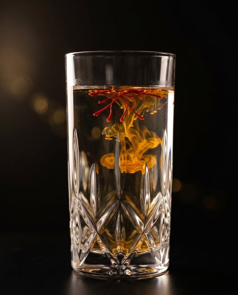 Hebras de azafrán real que florecen en oro intenso en un vaso de agua tibia