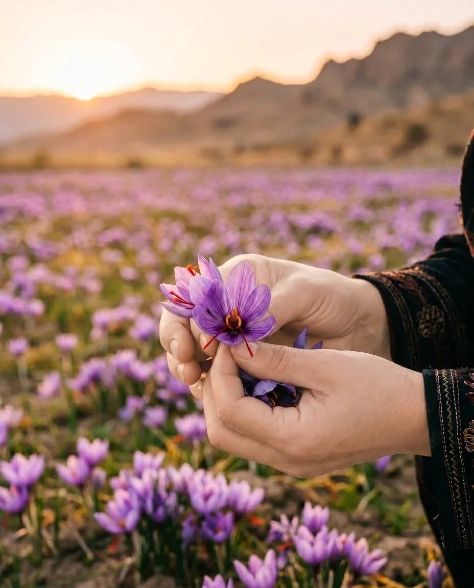 Crocus sativus flowers being hand-picked at dawn in the Herat highlands of Afghanistan
