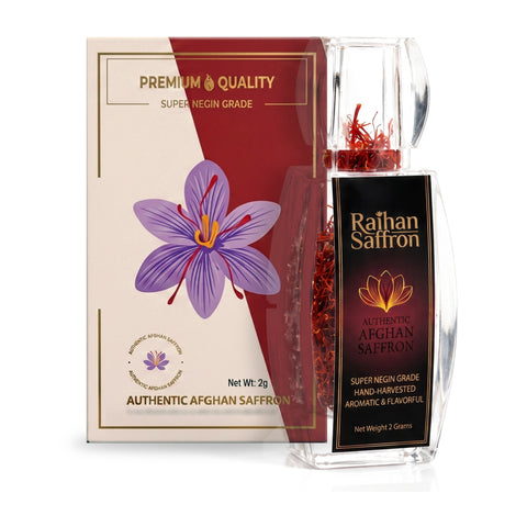 Raihan Saffron 2 g bottle of whole Afghan Super Negin saffron threads in front of its gift box, on white