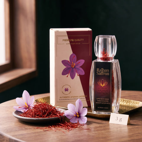 Raihan Saffron 3 g: saffron bottle and gift box on a brass tray with a dish of whole red threads and crocus on walnut