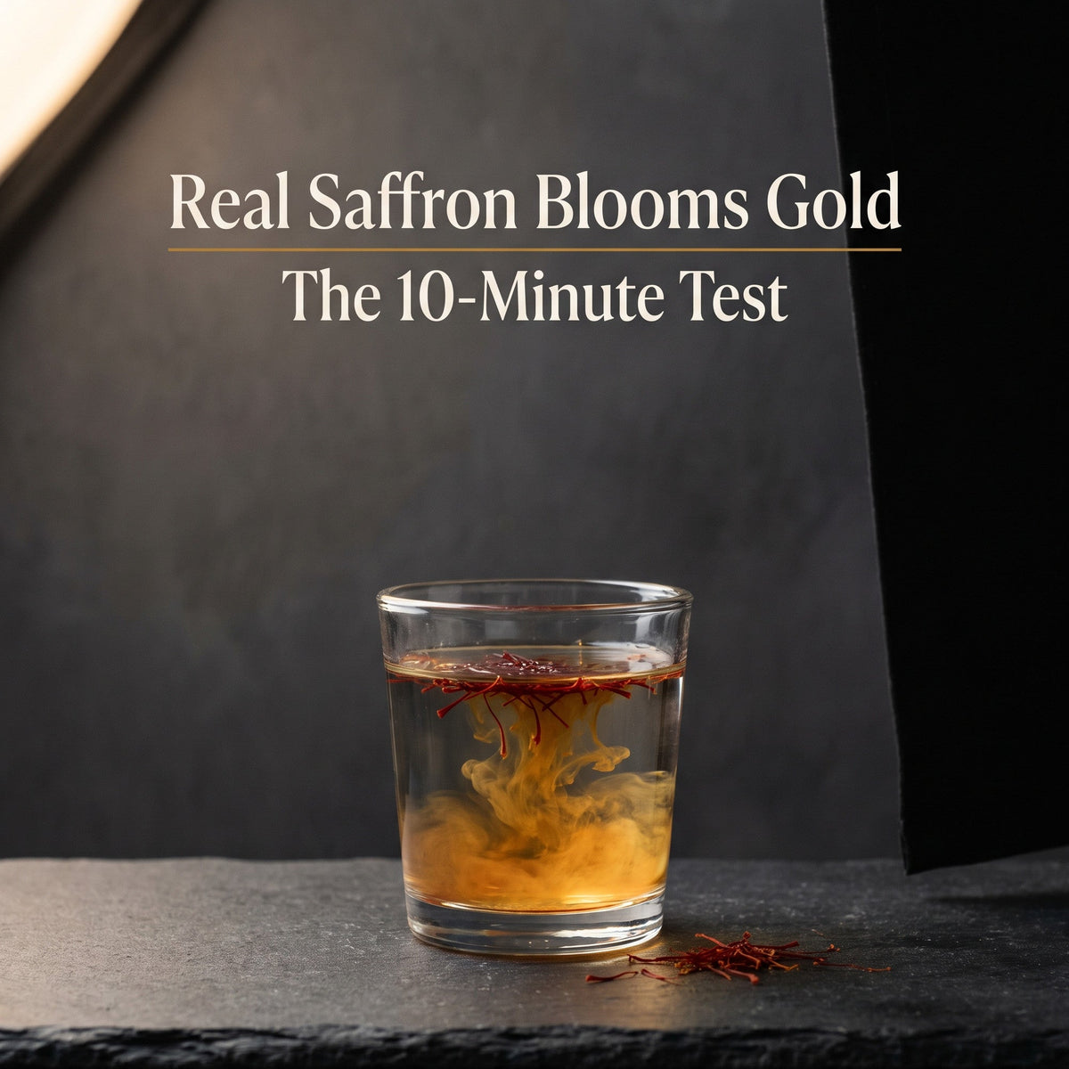 Real saffron blooms gold — the 10-minute bloom test in warm water, threads stay red