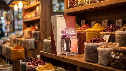 Raihan Saffron bottle and gift box on a spice market shelf display