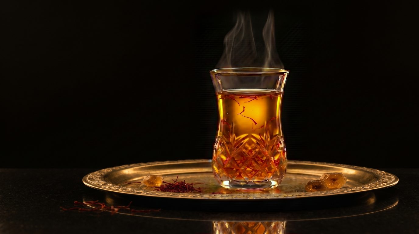 A glass of saffron tea blooming deep gold, with red Super Negin threads, cardamom and cinnamon on dark walnut