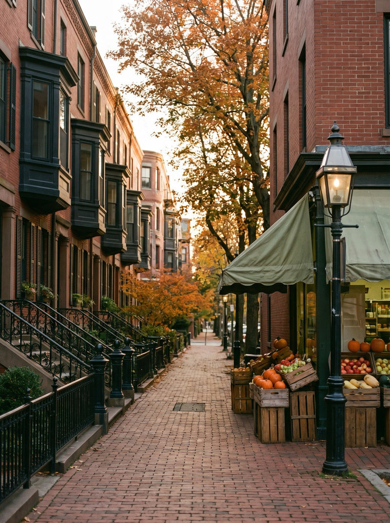 Where to buy saffron in Boston — a Back Bay brownstone street with a corner specialty grocery