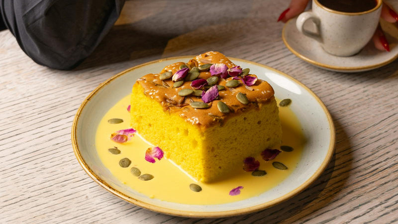 Saffron olive oil cake with lemon and cardamom, made with Raihan Afghan Super Negin saffron