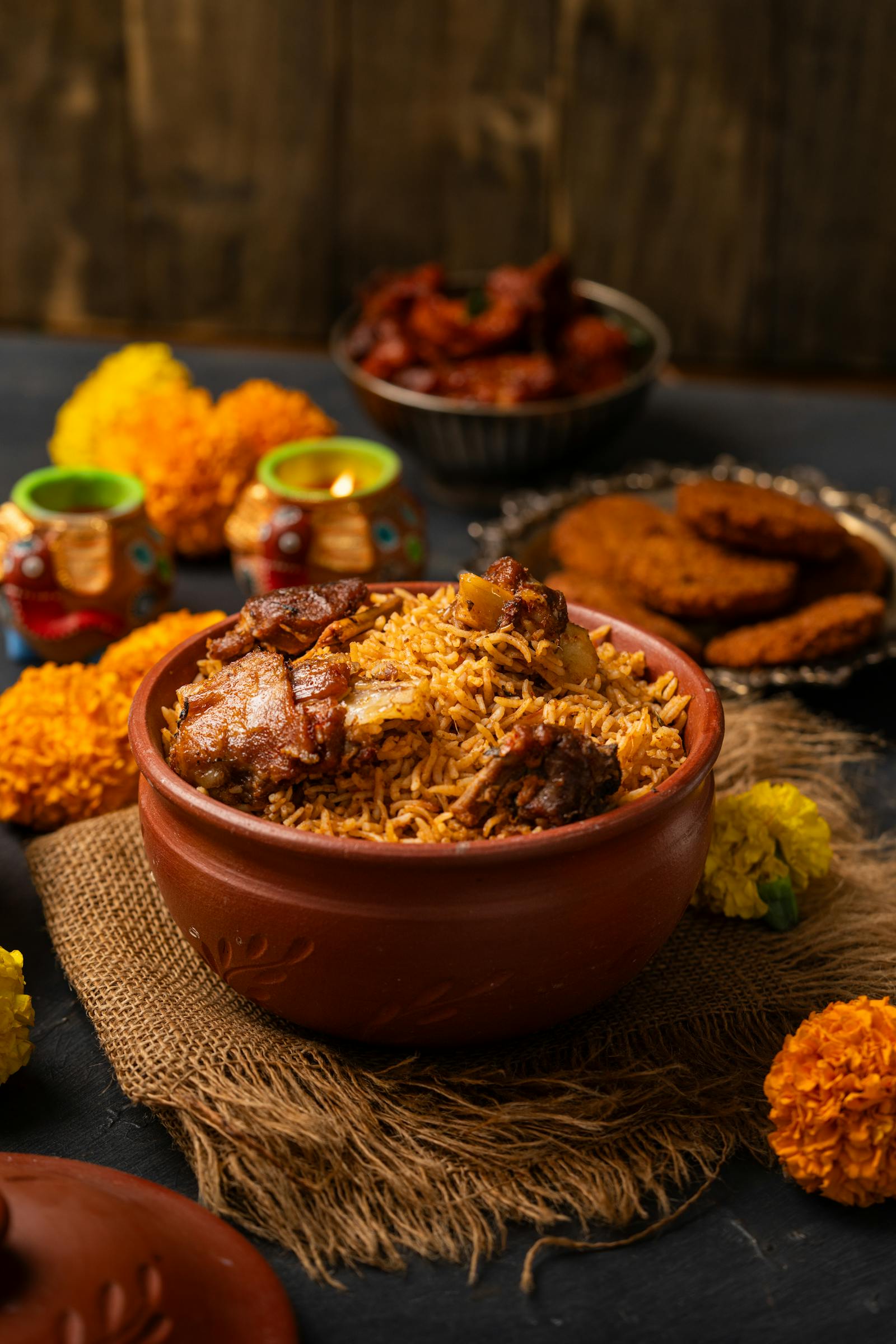 Hyderabadi lamb biryani with saffron rice and herbs