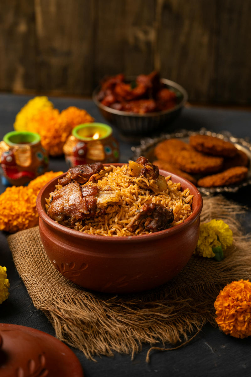 Hyderabadi lamb biryani with saffron rice and herbs