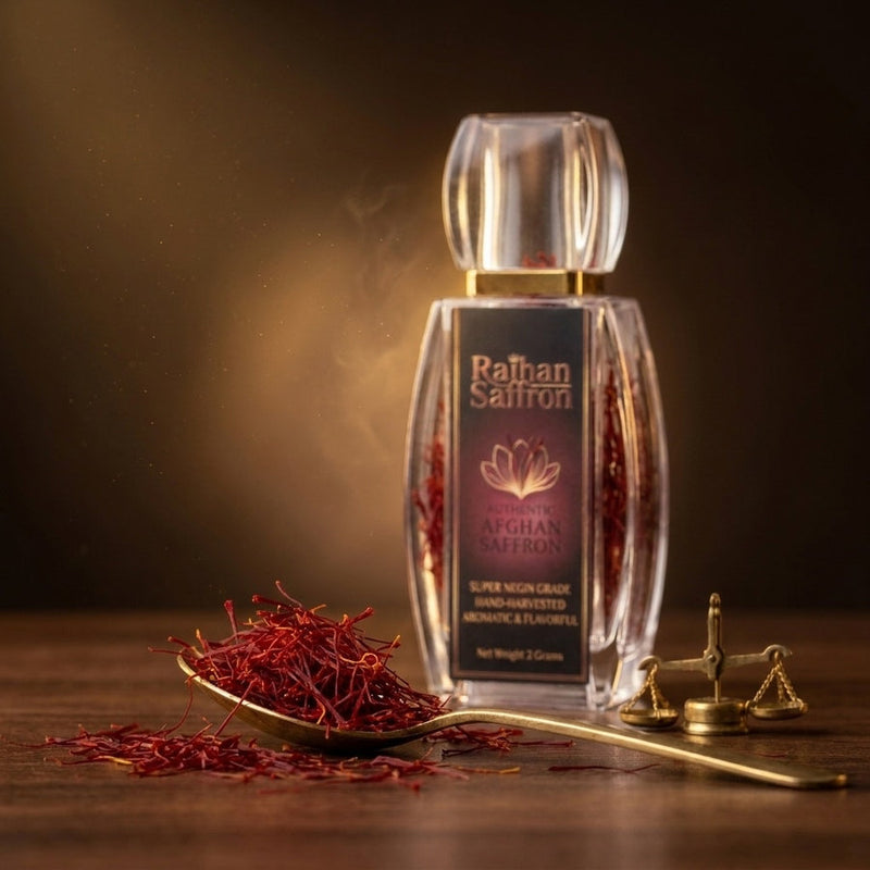 Saffron threads on a scale for a 2026 per-gram price guide — Raihan Afghan Super Negin saffron
