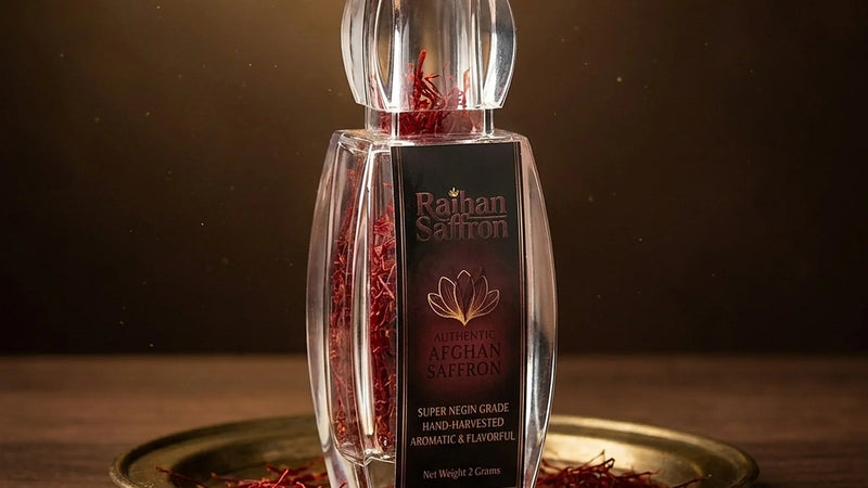 Hand-packed bottle of Raihan Afghan Super Negin saffron from the Herat harvest