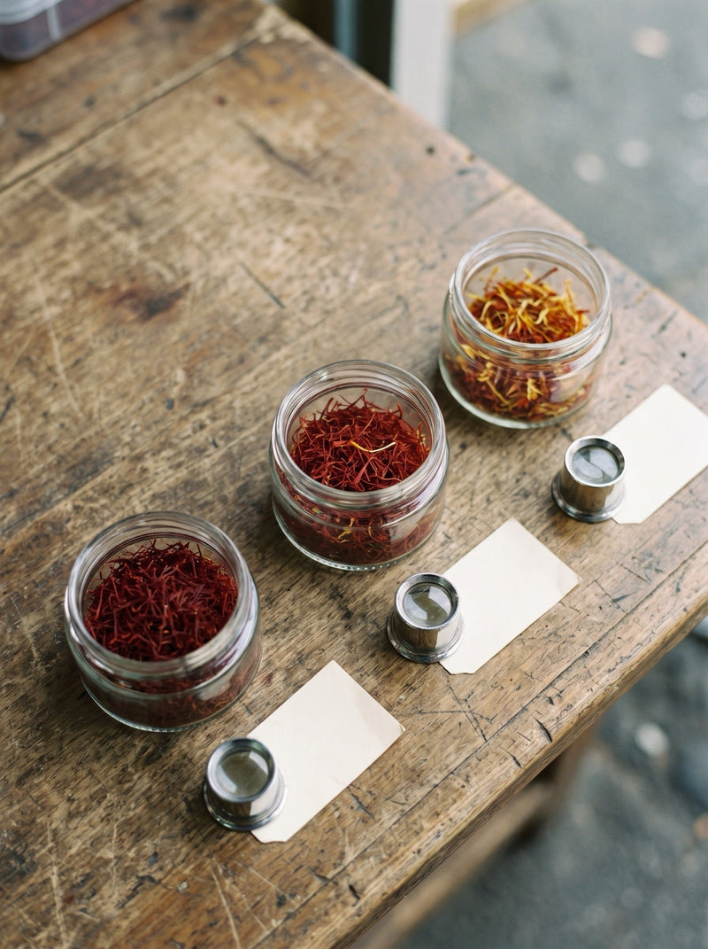 Comparing saffron quality before buying online — jars of whole saffron threads examined with a loupe
