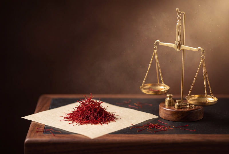 Crimson saffron threads beside an antique brass jeweler's balance scale on parchment — what real saffron costs per gram
