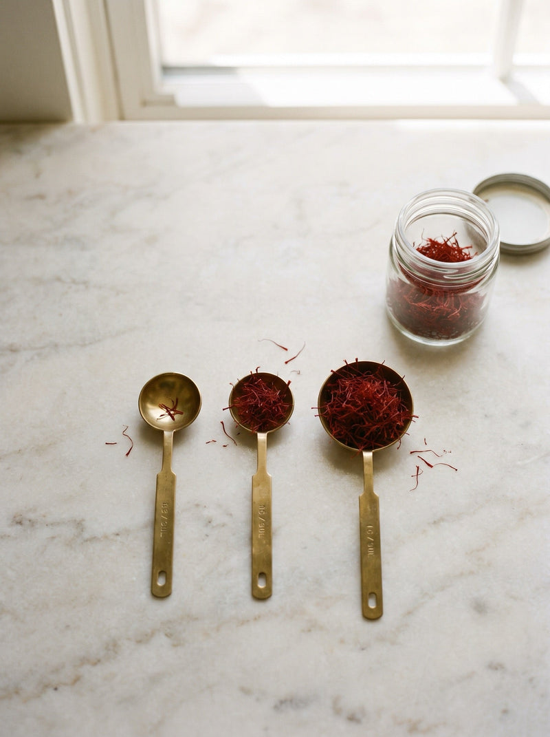How much saffron to use — measuring spoons showing small, medium, and generous pinches of saffron threads