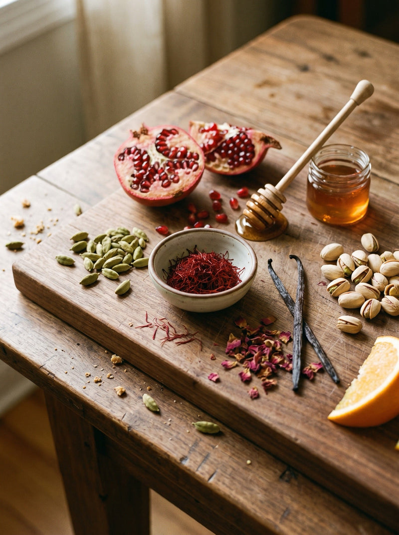 What pairs with saffron — cardamom, pomegranate, honey, pistachios, vanilla, and rose petals around saffron threads