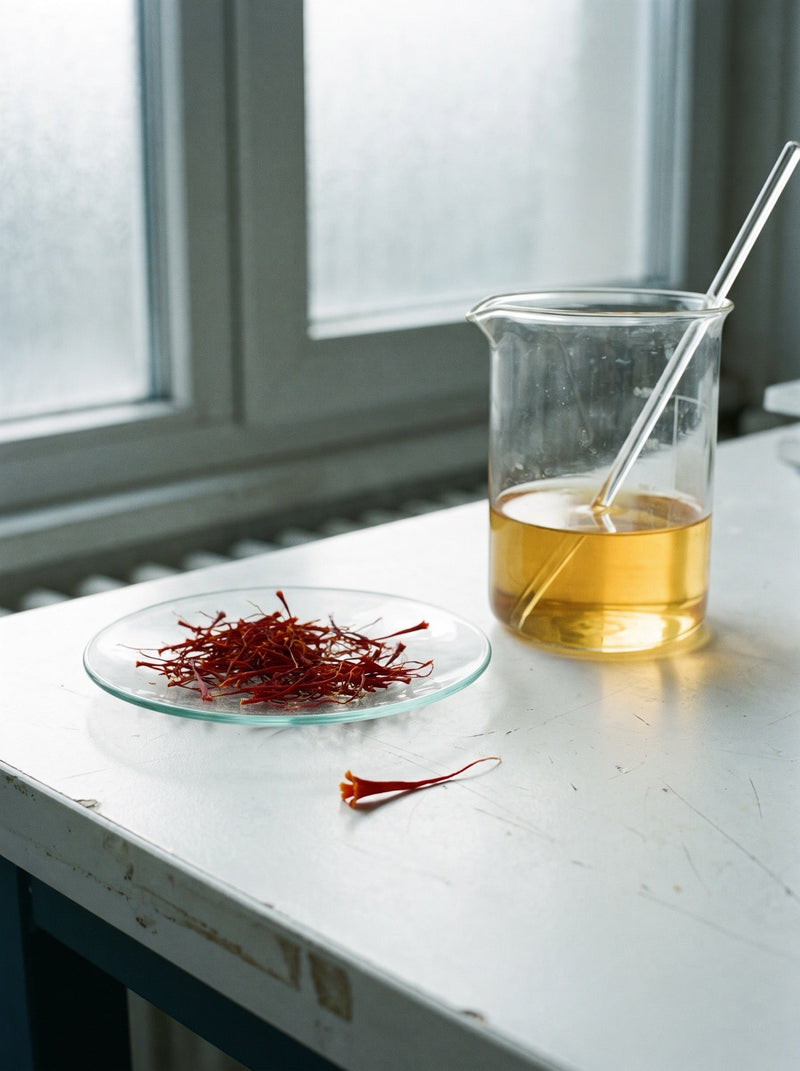 The science of saffron — crocin and safranal studied with saffron threads on a watch glass beside a beaker of infusion