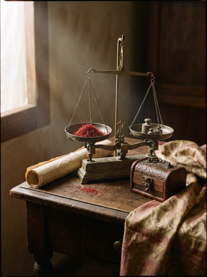 History of the saffron trade — antique brass scales weighing saffron threads beside Silk Road spice chests