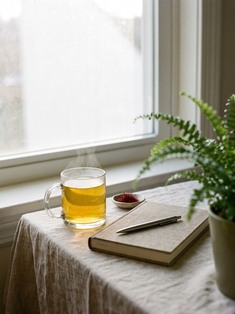 Saffron for mood and wellness — a calm morning cup of golden saffron tea with a journal by the window
