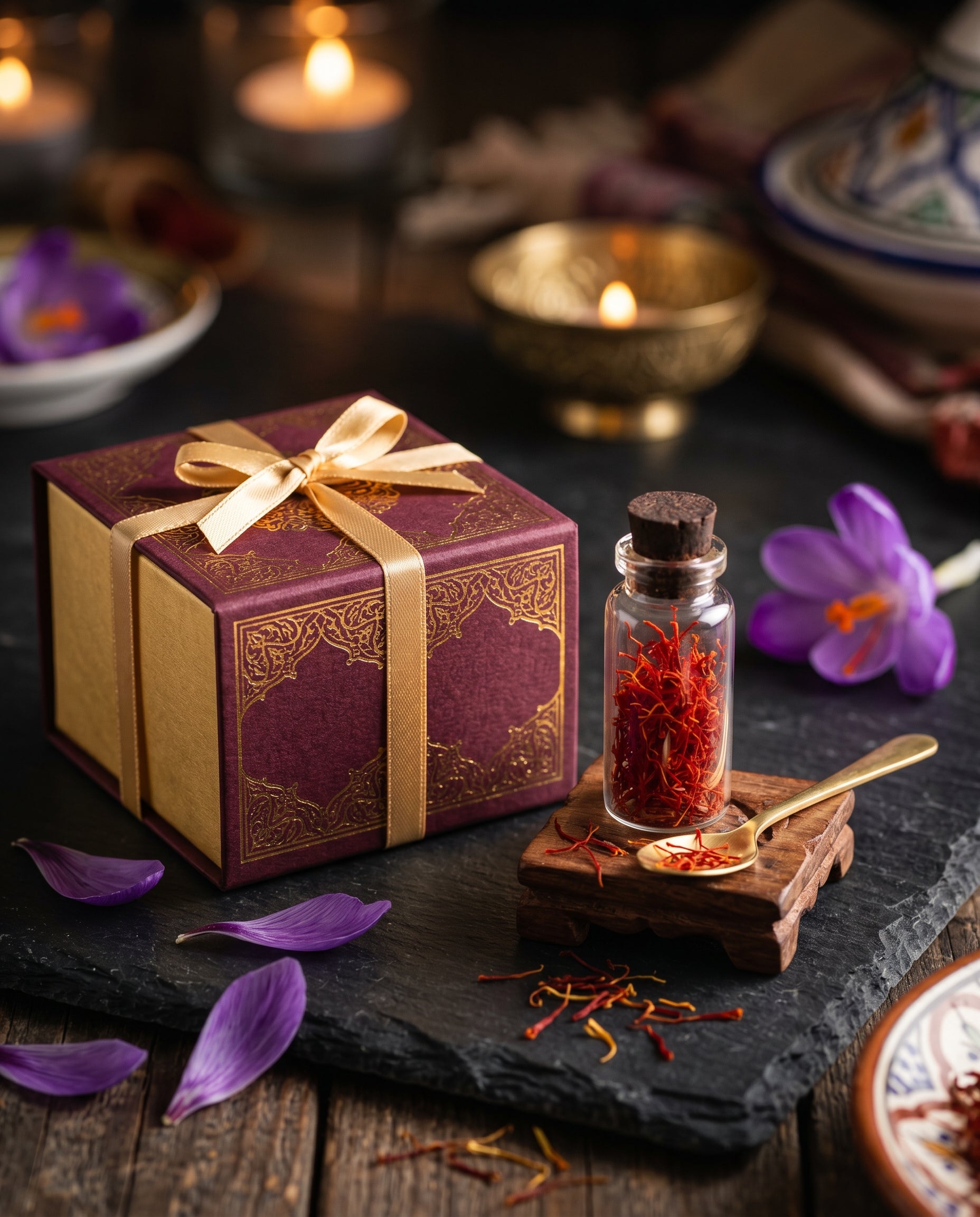Caja de regalo exclusiva de Raihan Saffron, envuelta a mano en lino burdeos sobre una superficie de mármol