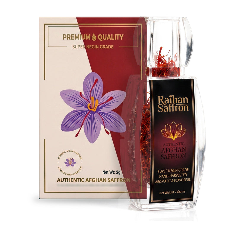 Raihan Saffron 2 g bottle of whole Afghan Super Negin saffron threads in front of its gift box, on white