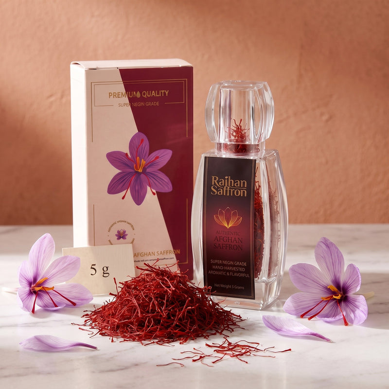 Raihan Saffron 5 g: saffron bottle and gift box with a mound of whole red Super Negin threads and crocus flowers on marble