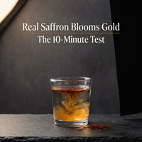 Real saffron blooms gold — the 10-minute bloom test in warm water, threads stay red