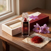 Unboxing Raihan saffron: open drawer gift box, crystal bottle, saffron threads and crocus flowers on walnut