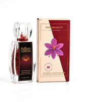 Raihan Afghan Super Negin saffron bottle with its gift box, white background