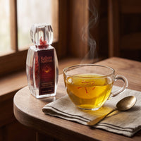 Saffron tea in a glass cup beside the Raihan bottle on a walnut table