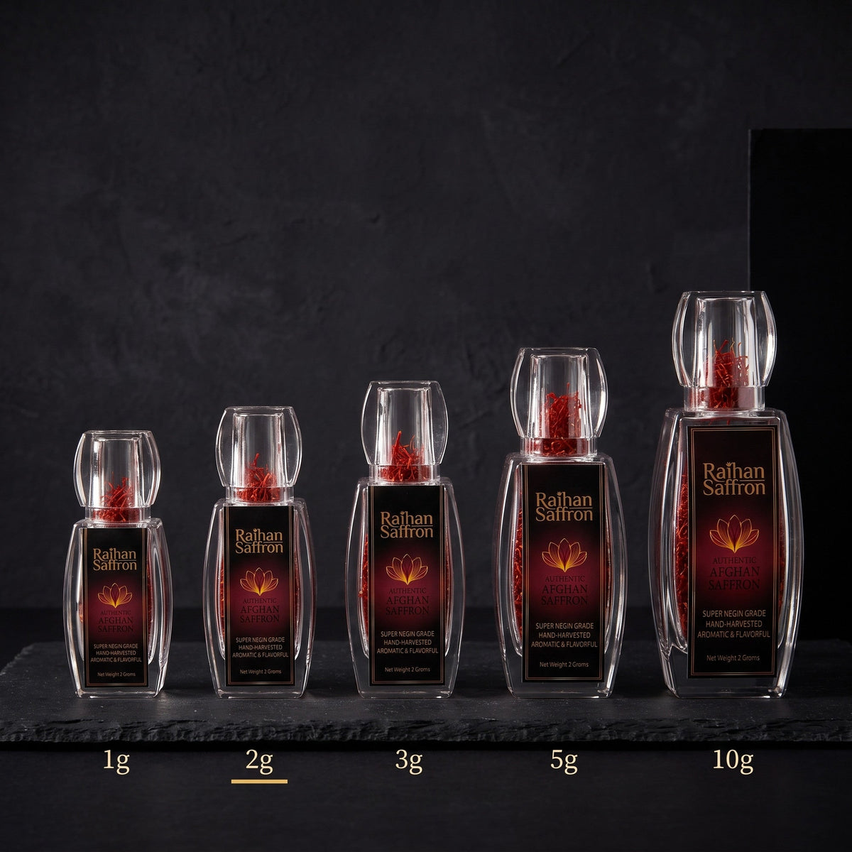 Raihan saffron bottle sizes: 1g, 2g, 3g, 5g and 10g