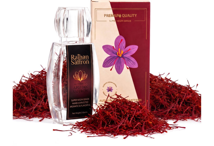 The 3 g bottle of Raihan Super Negin saffron with its gift box and a heap of whole red threads