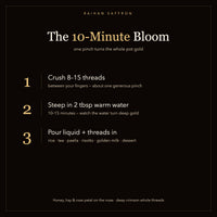 How to bloom saffron: crush 8-15 threads, steep in 2 tbsp warm water 10-15 minutes, pour into rice, tea, or dessert