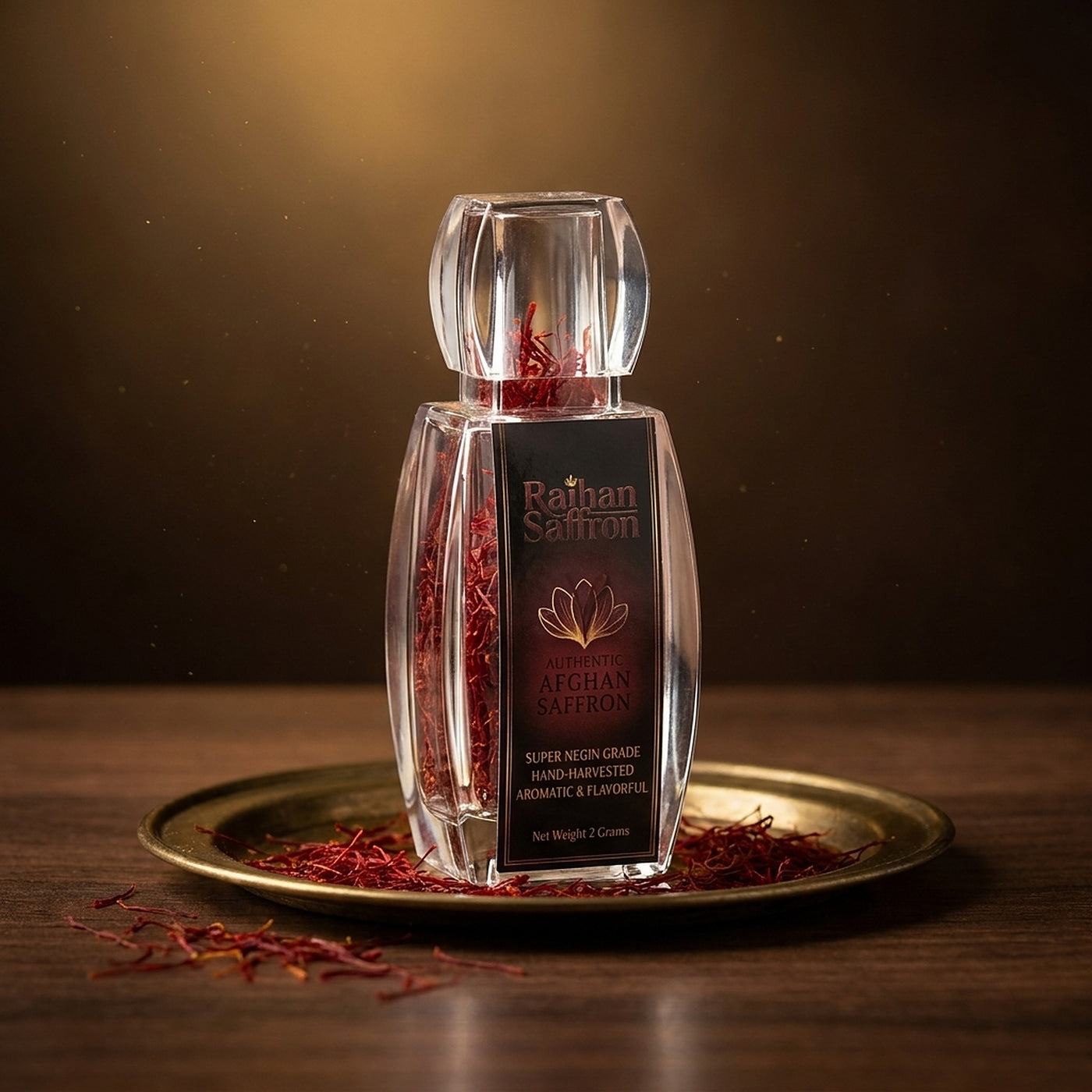 Raihan Saffron premium Afghan Super Negin saffron threads in a crystal glass bottle on an antique brass tray with loose all-red saffron threads — luxury studio product photograph