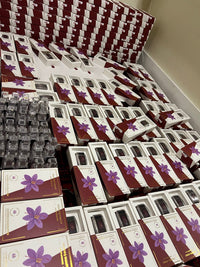 Raihan Saffron inventory — retail boxes and bottles packed and ready to ship