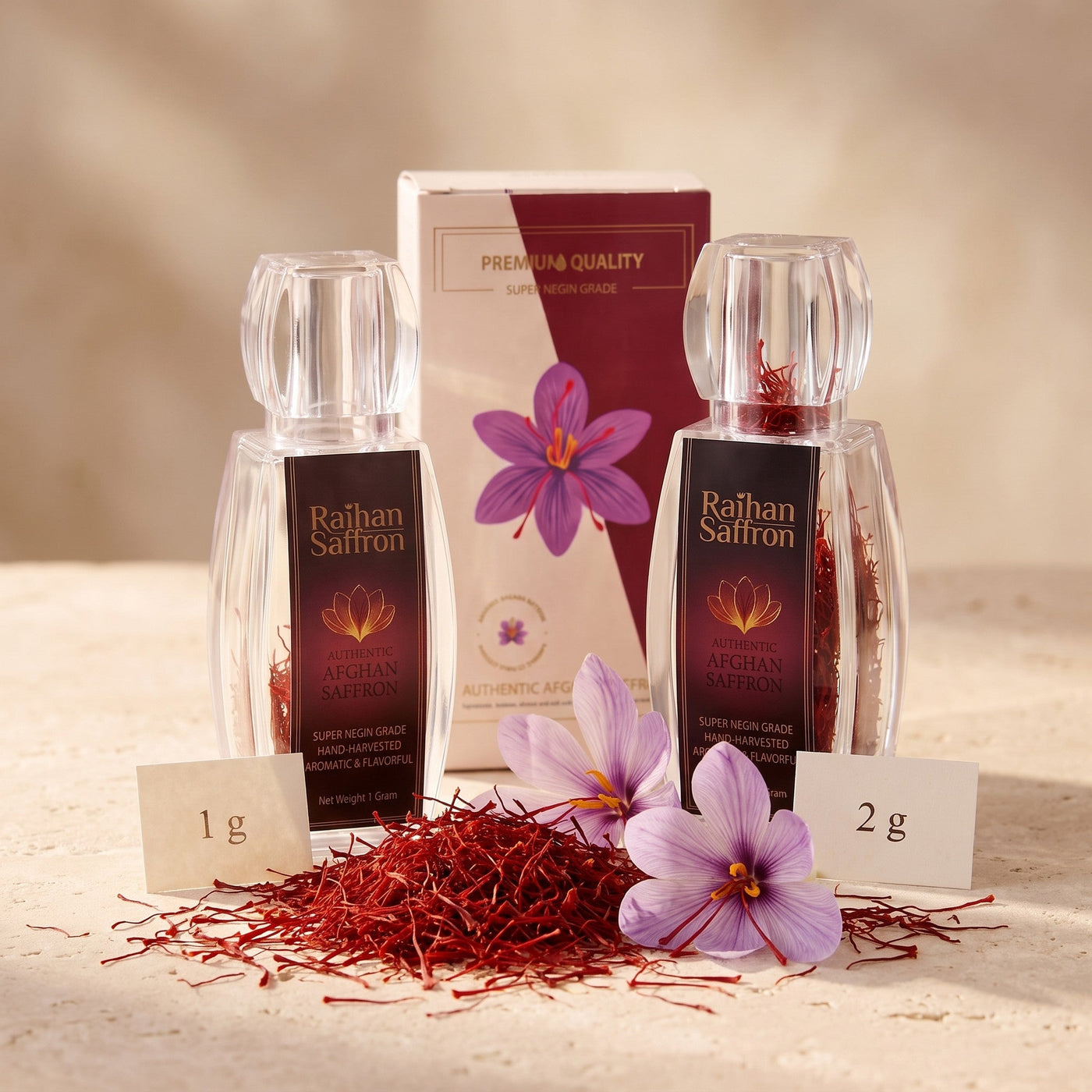 Raihan Saffron Starter Kit: 1 g and 2 g bottles with gift box, whole red saffron threads and crocus on limestone