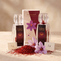 Raihan Saffron Starter Kit: 1 g and 2 g bottles with gift box, whole red saffron threads and crocus on limestone