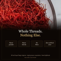 Whole all-red Super Negin saffron threads — never powder, never blends, no fillers, zero artificial color