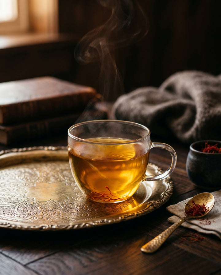 Té de azafrán y cardamomo dorado en una taza de cristal