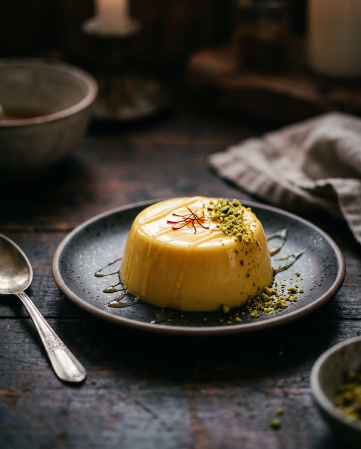 Panna cotta de azafrán cubierta con hebras de azafrán rojo