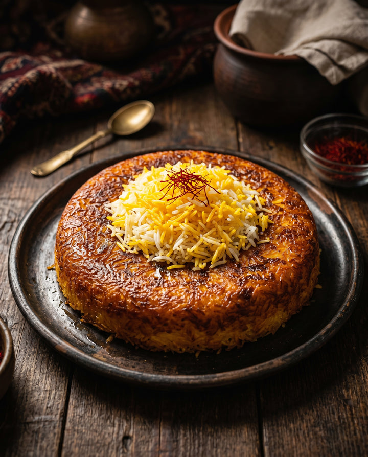Arroz persa con azafrán y una costra dorada de tahdig
