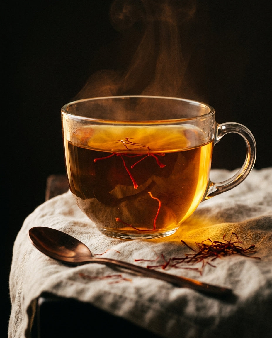 A cup of saffron tea bloomed deep gold