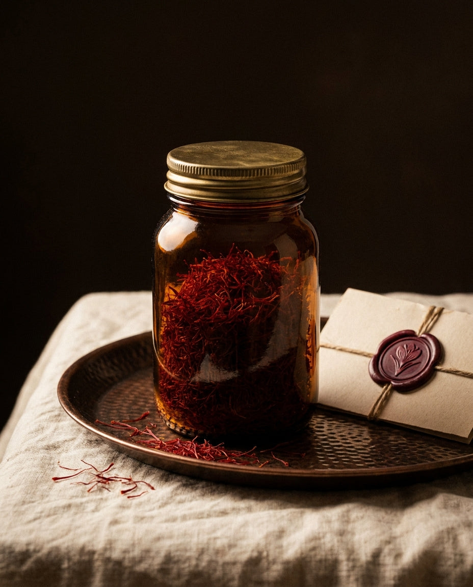 Glass-lined tin of Raihan Super Negin saffron beside a wax-sealed card on a copper tray